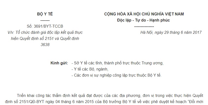 Công văn 3691/BYT-TCCB của Bộ Y tế về việc tổ chức đánh giá độc lập kết quả thực hiện Quyết định 2151/QĐ-BYT và Quyết định 3638/QĐ-BYT