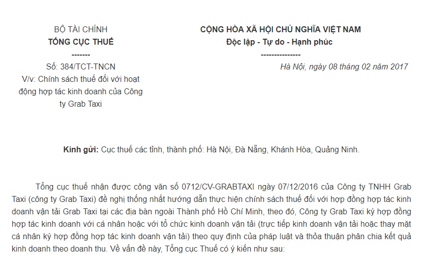 Công văn 384/TCT-TNCN của Tổng cục Thuế về chính sách thuế đối với hoạt động hợp tác kinh doanh của Công ty Grab Taxi