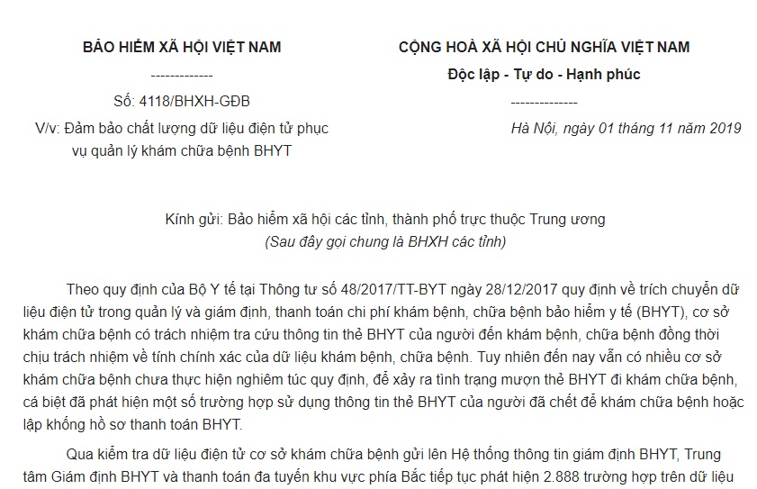 Công văn 4118/BHXH-GĐB 2019 đảm bảo chất lượng dữ liệu phục vụ quản lý khám chữa bệnh