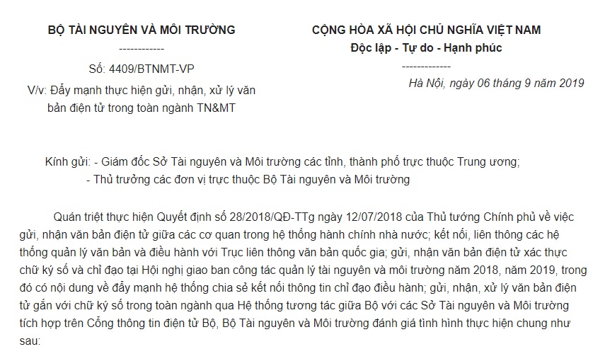 Công văn 4406/BTNMT-VP 2019 đẩy mạnh thực hiện gửi và nhận văn bản điện tử