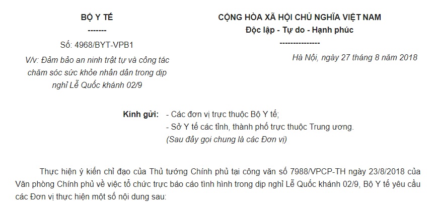 Công văn 4968/BYT-VPB1 2018 đảm bảo an ninh trật tự và chăm sóc sức khỏe nhân dân dịp nghỉ Lễ Quốc khánh