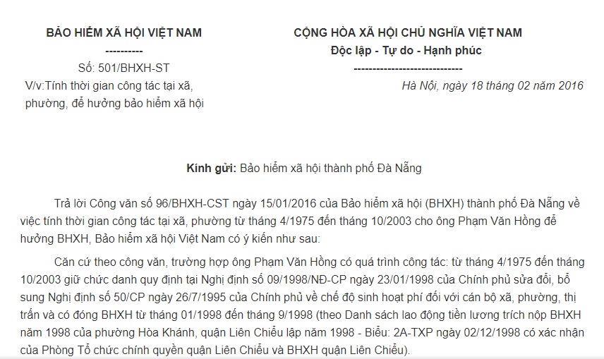 Công văn 501/BHXH-ST 2016 tính thời gian công tác tại xã để hưởng bảo hiểm xã hội