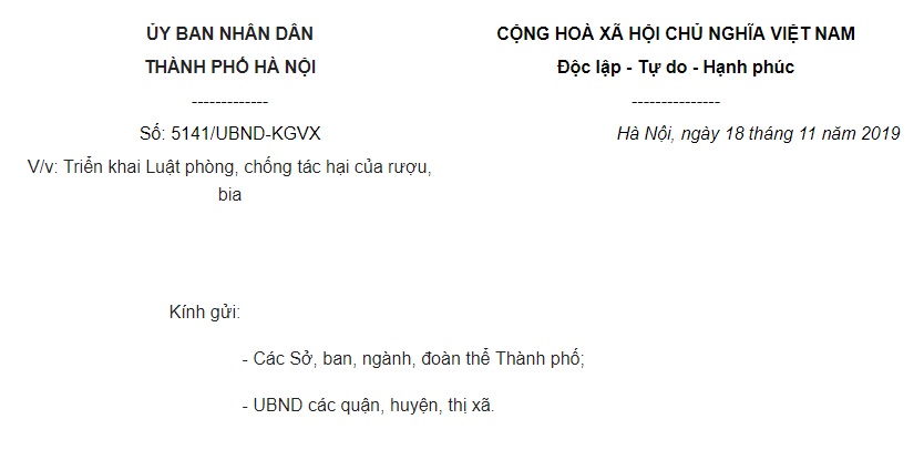 Công văn 5141/UBND-KGVX Hà Nội 2019 triển khai Luật Phòng, chống tác hại của rượu, bia