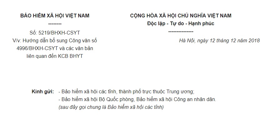 Công văn 5219/BHXH-CSYT 2018 hướng dẫn bổ sung Công văn 4996/BHXH-CSYT và các văn bản liên quan đến KCB BHYT