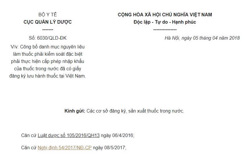 Tải ngay Công văn 6030/QLD-ĐK năm 2018 Nguyên liệu làm thuốc NK phải cấp phép