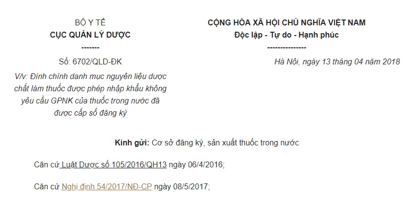 Công văn 6702/QLD-ĐK năm 2018 Đính chính Danh mục nguyên liệu dược chất làm thuốc NK