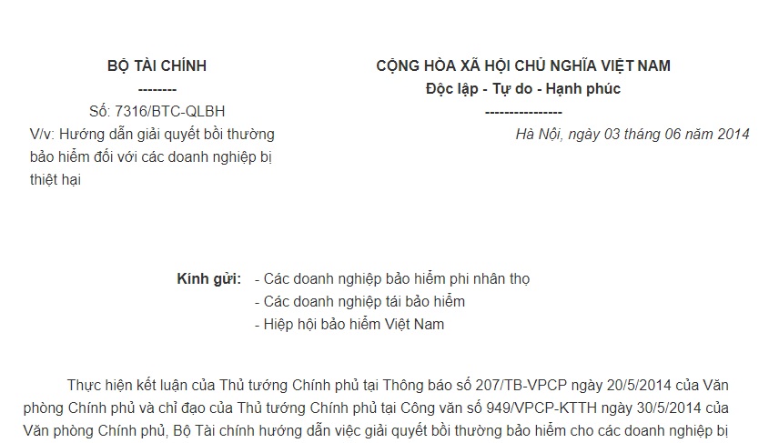 Công văn 7316/BTC-QLBH về việc hướng dẫn giải quyết bồi thường bảo hiểm đối với các doanh nghiệp bị thiệt hại