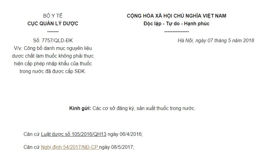 Công văn 7757/QLD-ĐK 2018 Danh mục nguyên liệu dược chất làm thuốc không phải thực hiện cấp phép nhập khẩu của thuốc trong nước đã được cấp số đăng ký