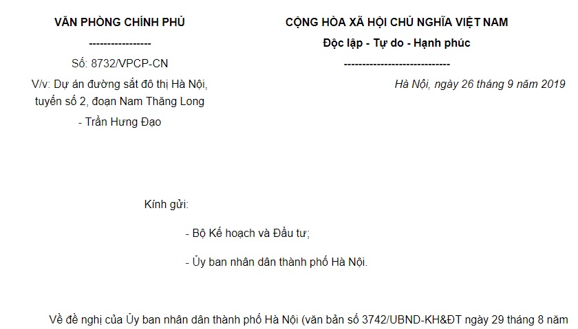 Công văn 8732/VPCP-CN2019 về dự án đường sắt đô thị Hà Nội, tuyến số 2