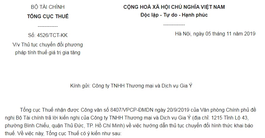 Công Văn 4526/TCT-KK 2019 thủ tục chuyển đổi phương pháp tính thuế giá trị gia tăng