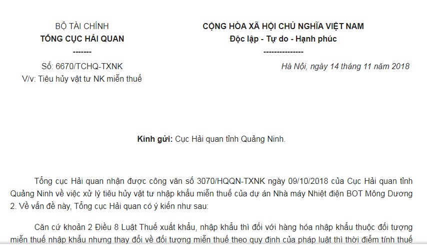 Công Văn 6670/TCHQ-TXNK 2018 về việc tiêu hủy vật tư nhập khẩu miễn thuế