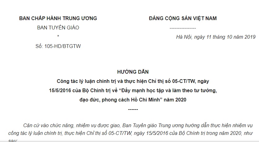 Hướng Dẫn 105-HD/BTGTW 2019 thực hiện Chỉ thị 05-CT/TW học tập và làm theo tư tưởng Hồ Chí Minh