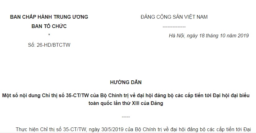 Hướng Dẫn 26-HD/BTCTW 2019 nội dung Chỉ thị 35-CT/TW về đại hội đảng các cấp