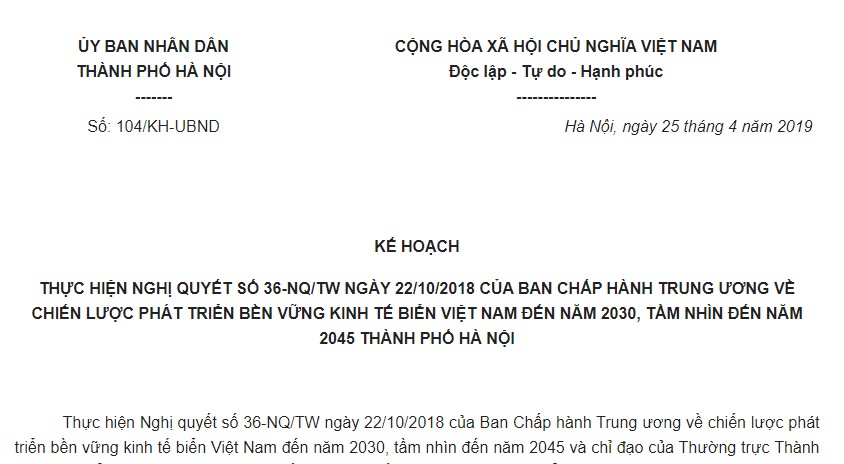 Kế hoạch 104/KH-UBND Hà Nội 2019 về thực hiện Nghị quyết 36-NQ/TW