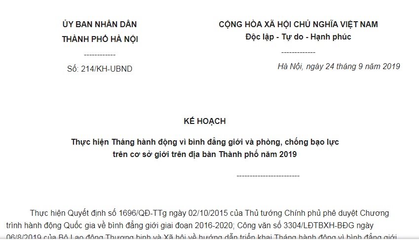 Kế Hoạch 214/KH-UBND 2019 Hà Nội thực hiện Tháng hành động vì bình đẳng giới