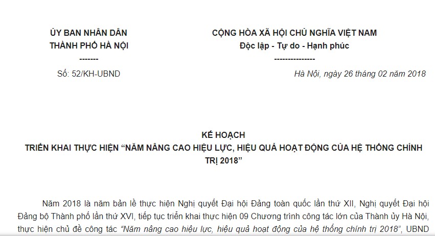 Kế hoạch 52/KH-UBND Hà Nội 2018 triển khai Năm nâng cao hiệu lực, hiệu quả hoạt động của hệ thống chính trị 2018