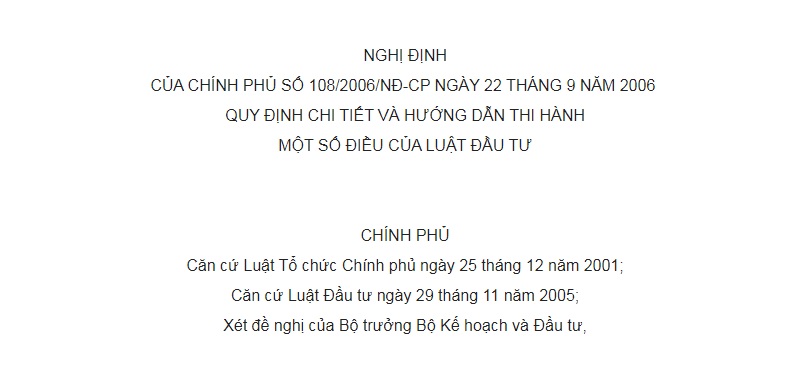 Nghị Định 108/2006/NĐ-CP của Chính phủ về việc quy định chi tiết và hướng dẫn thi hành một số điều của Luật Đầu tư