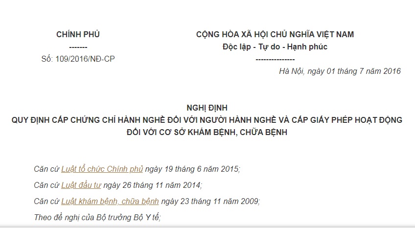 Nghị Định 109/2016/NĐ-CP về cấp chứng chỉ hành nghề y