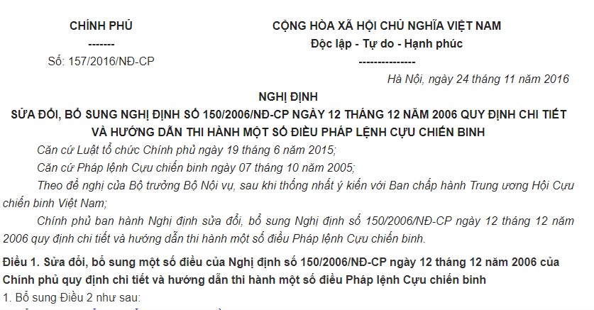 Nghị định 157/2016/NĐ-CP sửa đổi hướng dẫn Pháp lệnh Cựu chiến binh