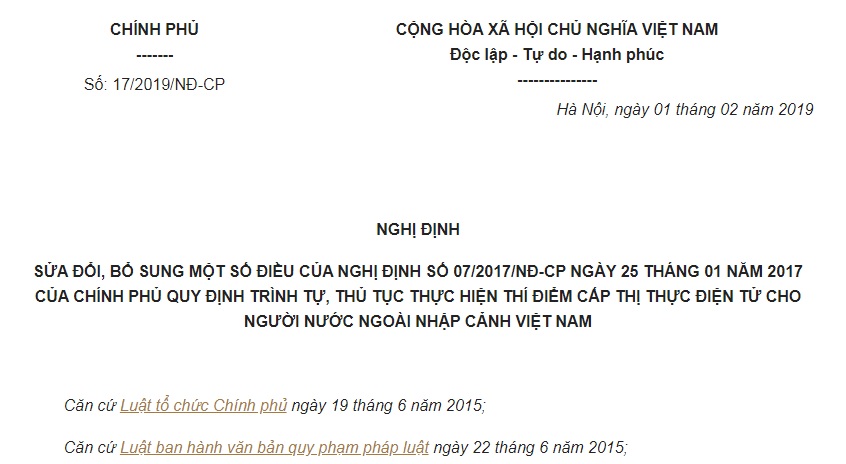 Nghị Định 17/2019/NĐ-CP sửa đổi quy định cấp thị thực điện tử cho người nước ngoài