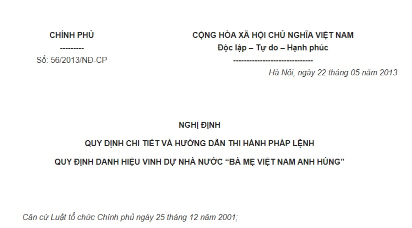 Nghị định 56/2013/NĐ-CP hướng dẫn Pháp lệnh về Bà mẹ Việt Nam anh hùng
