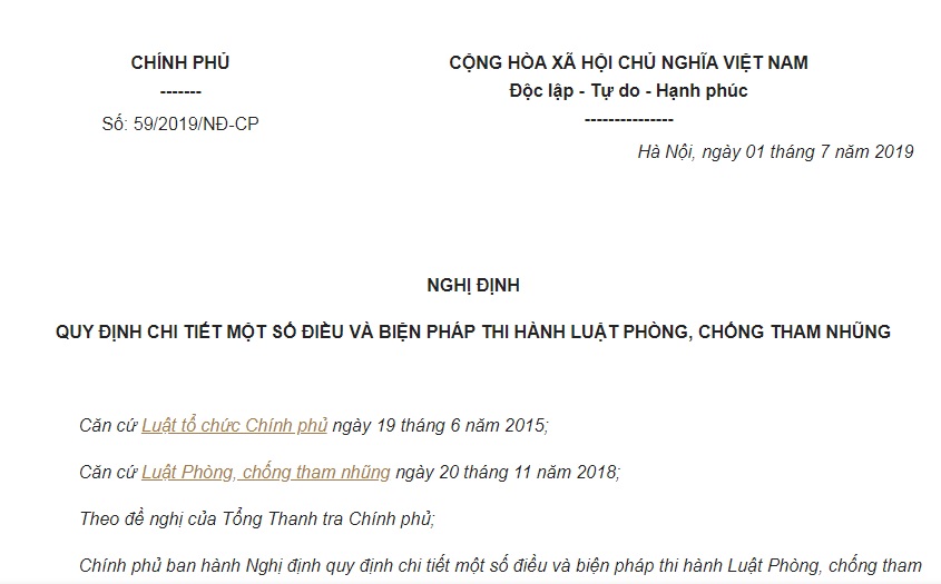 Nghị Định 59/2019/NĐ-CP hướng dẫn Luật Phòng chống tham nhũng