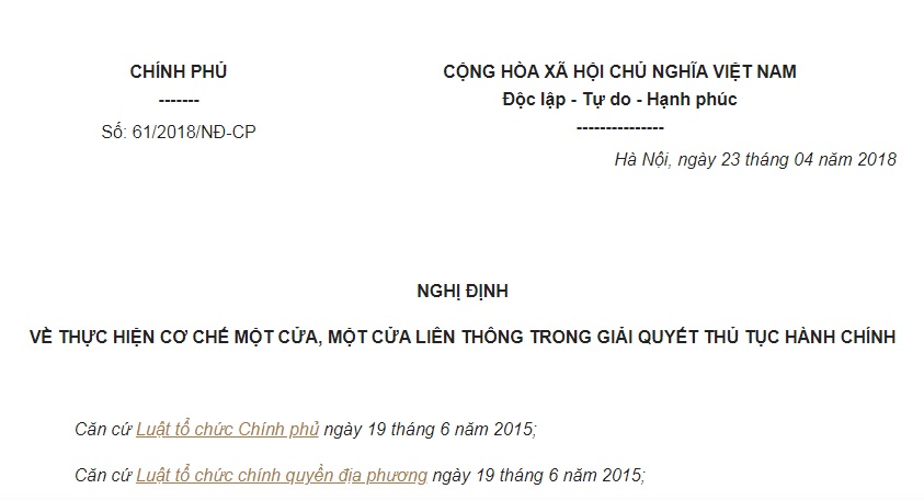 Nghị Định 61/2018/NĐ-CP về thực hiện cơ chế một cửa, một cửa liên thông trong giải quyết thủ tục hành chính