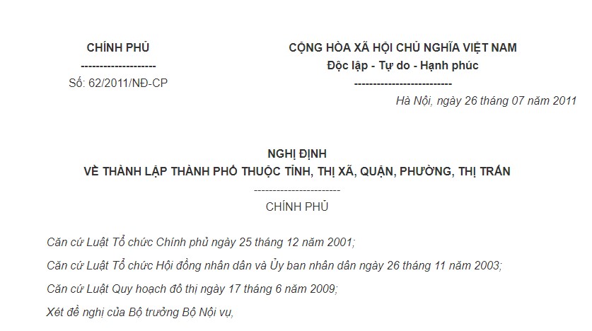 Nghị định 62/2011/NĐ-CP về thành lập thành phố thuộc tỉnh, thị xã, quận