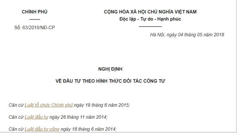 Nghị Định 63/2018/NĐ-CP về đầu tư theo hình thức đối tác công tư