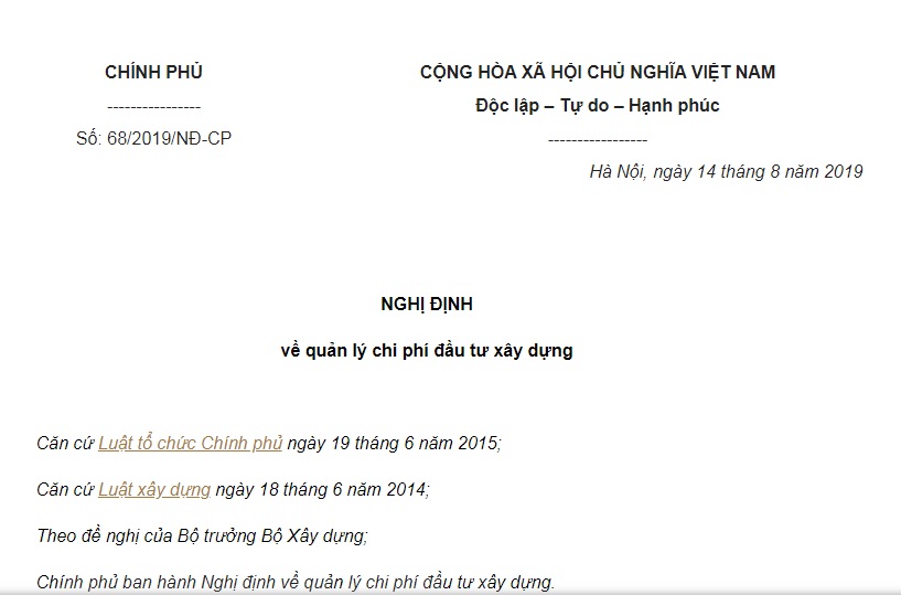 Nghị Định 68/2019/NĐ-CP về quản lý chi phí đầu tư xây dựng