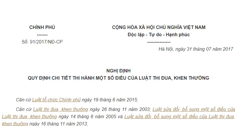 Nghị Định 91/2017/NĐ-CP hướng dẫn Luật Thi đua, khen thưởng