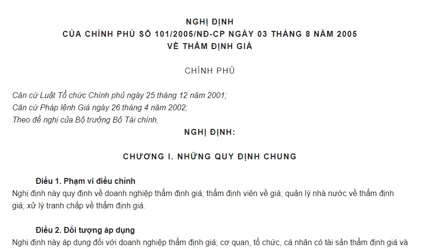 Tải ngay nghị định 101/2005/NĐ-CP của Chính phủ về thẩm định giá