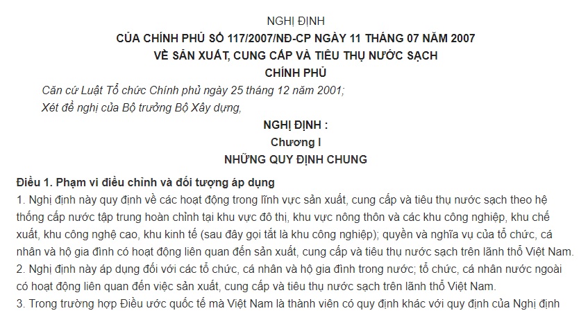 Nghị định 117/2007/NĐ-CP của Chính phủ về sản xuất, cung cấp và tiêu thụ nước sạch