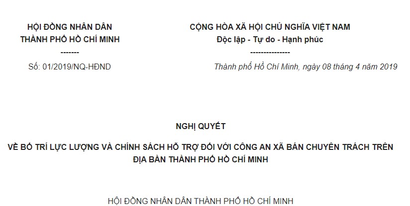 Nghị quyết 01/2019/NQ-HĐND Hồ Chí Minh chính sách với Công an xã