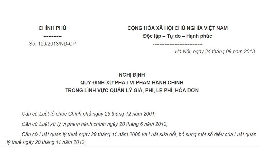 Nghị Định 109/2013/NĐ-CP về xử phạt VPHC trong quản lý giá, phí, lệ phí, hóa đơn