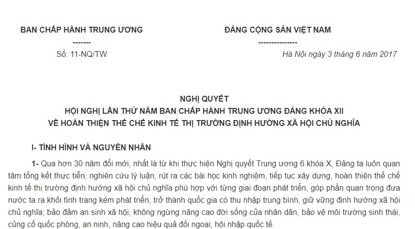 Nghị quyết 11-NQ/TW 2017 hoàn thiện thể chế kinh tế thị trường