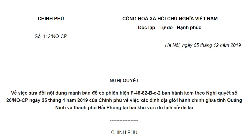 Nghị Quyết 112/NQ-CP 2019 sửa đổi nội dung bản đồ xác định địa giới Quảng Ninh và Hải Phòng