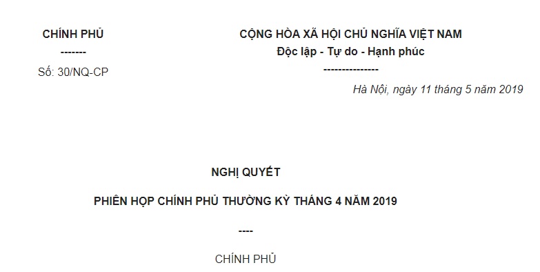 Nghị Quyết 30/NQ-CP 2019 về phiên họp Chính phủ thường kỳ tháng 4/2019