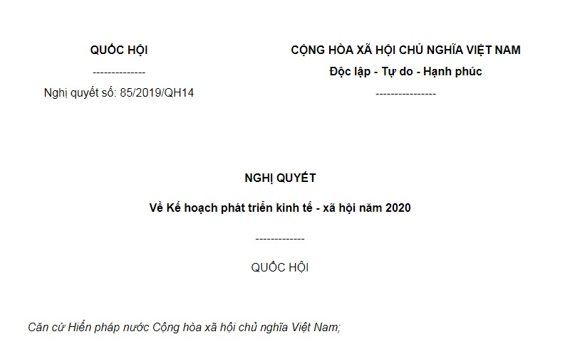 Nghị Quyết 85/2019/QH14 Kế hoạch phát triển kinh tế – xã hội năm 2020