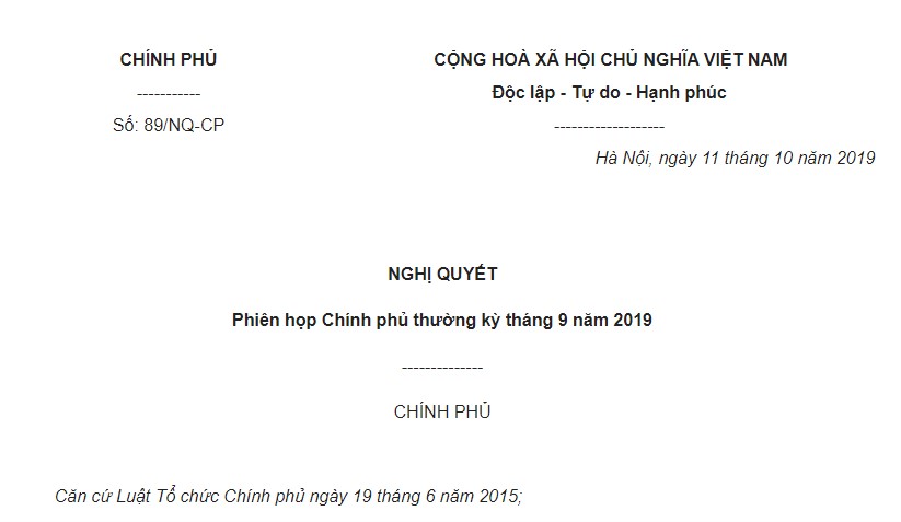 Nghị quyết 89/NQ-CP 2019 phiên họp Chính phủ thường kỳ tháng 9/2019