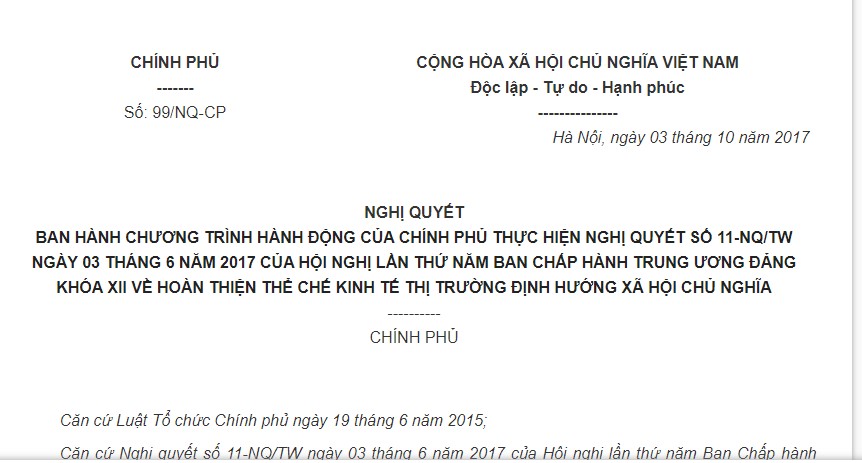 Nghị quyết 99/NQ-CP 2017 thực hiện Nghị quyết 11 về hoàn thiện thể chế kinh tế thị trường