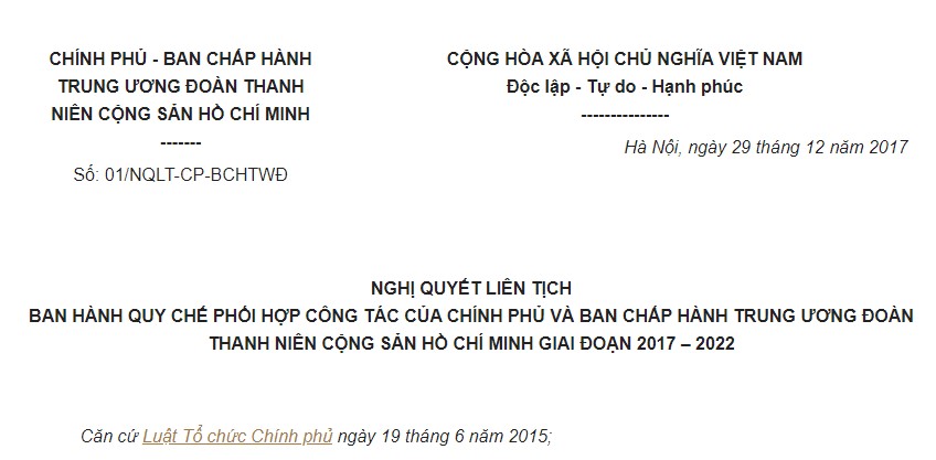 Nghị quyết liên tịch 01/NQLT-CP-BCHTWĐ của Chính phủ, Ban Chấp hành Trung ương Đoàn Thanh niên Cộng sản Hồ Chí Minh