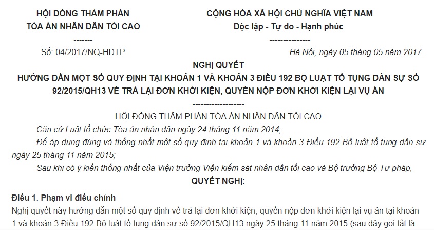 Nghị quyết 04/2017/NQ-HĐTP hướng dẫn quy định về trả lại đơn khởi kiện, quyền nộp đơn khởi kiện lại vụ án