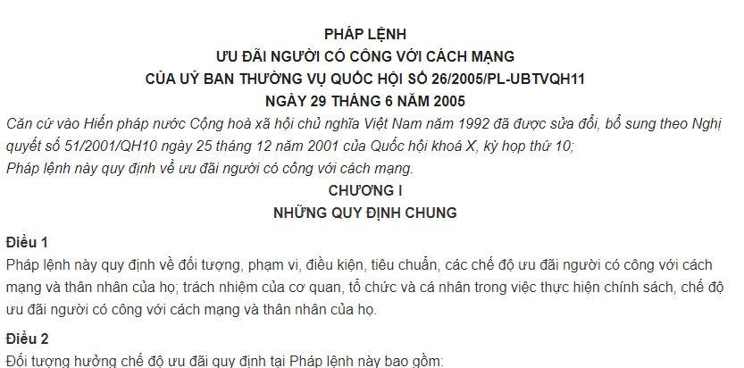 Pháp lệnh Ưu đãi người có công với cách mạng năm 2005