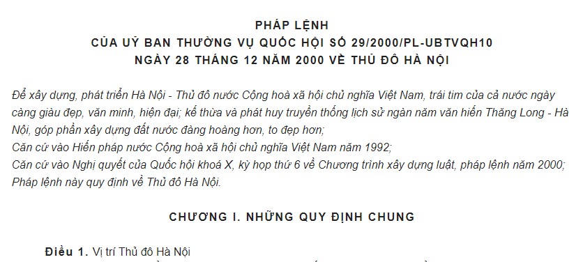 Pháp lệnh 29/2000/PL-UBTVQH10 về Thủ đô Hà Nội năm 2000