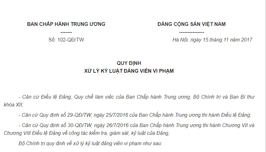 Quy Định 102-QĐ/TW năm 2017 về việc xử lý kỷ luật đảng viên vi phạm