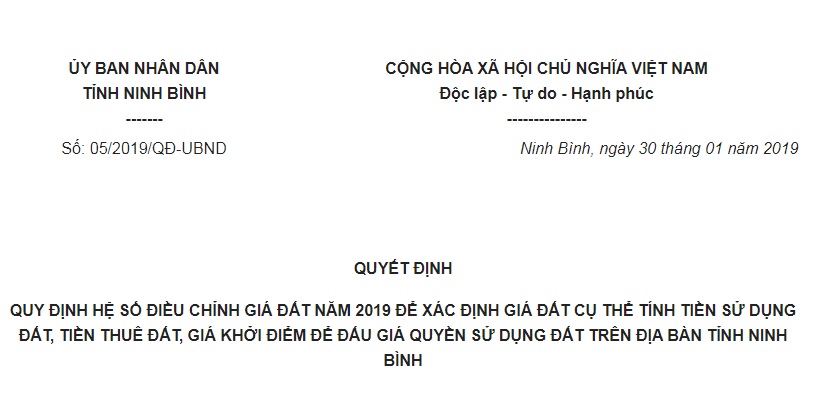 Quyết Định 05/2019/QĐ-UBND Ninh Bình về hệ số điều chỉnh giá đất năm 2019 19/QĐ-UBND Ninh Bình về hệ số điều chỉnh giá đất năm 2019