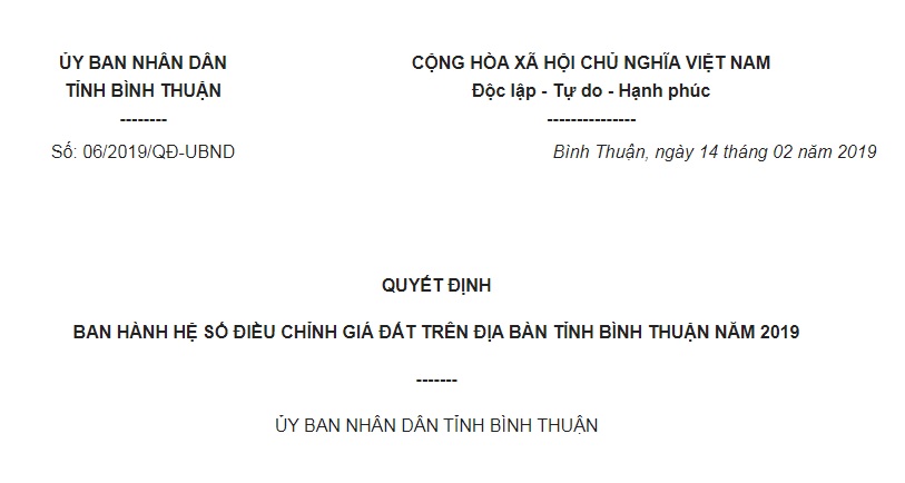Quyết Định 06/2019/QĐ-UBND Bình Thuận về Hệ số điều chỉnh giá đất năm 2019