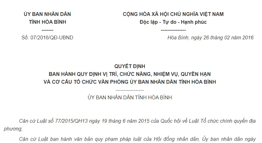 Quyết Định 07/2016/QĐ-UBND cơ cấu tổ chức Văn phòng UBND tỉnh Hoà Bình