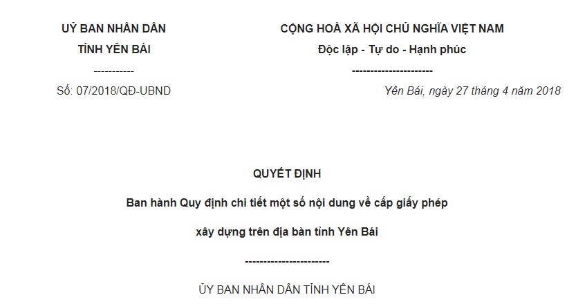 Quyết Định 07/2018/QĐ-UBND Yên Bái Quy định nội dung về cấp giấy phép xây dựng